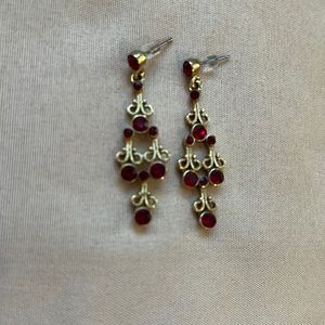 Dangle earrings, gold plated with red stones, 1.50”